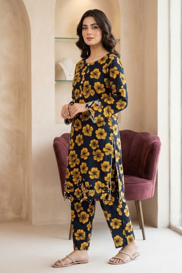 Navy Blue & Mustard Floral 2-Piece Suit