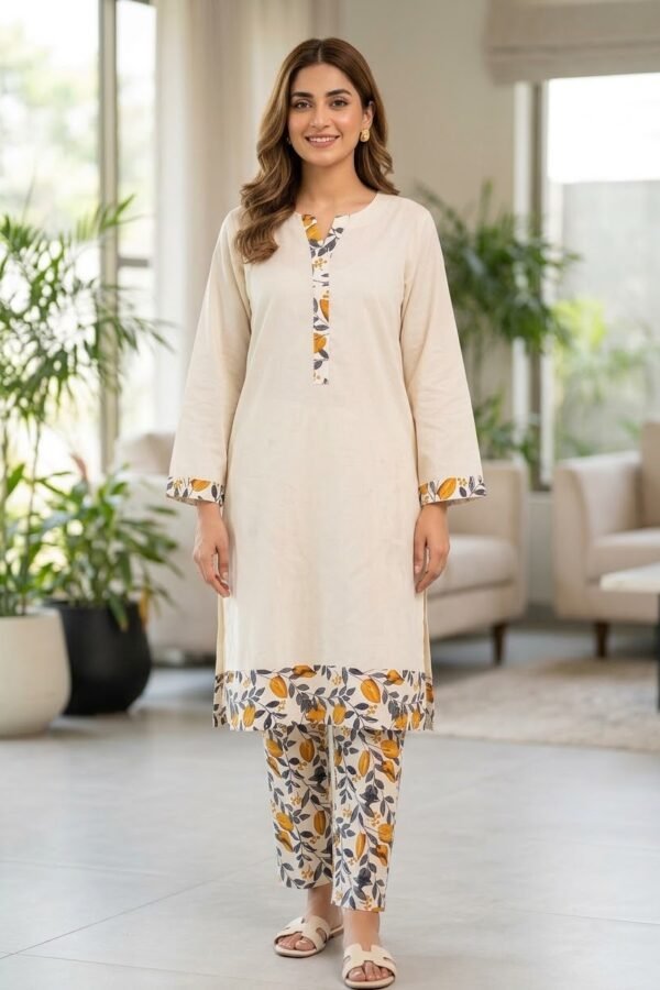 Cream & Floral-Trim 2-Piece Suit