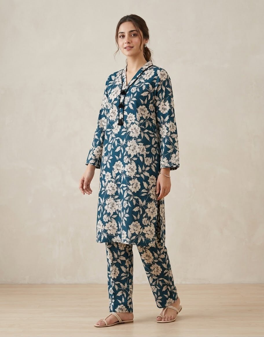 Teal Blue Floral 2-Piece Suit