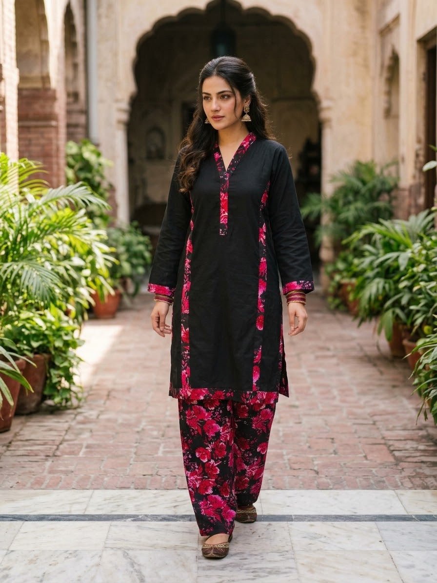Black & Pink Floral 2-Piece Suit