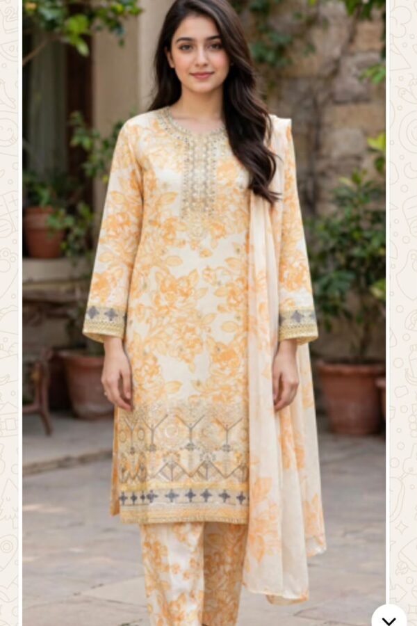 Cream & Golden Printed 3-Piece Suit