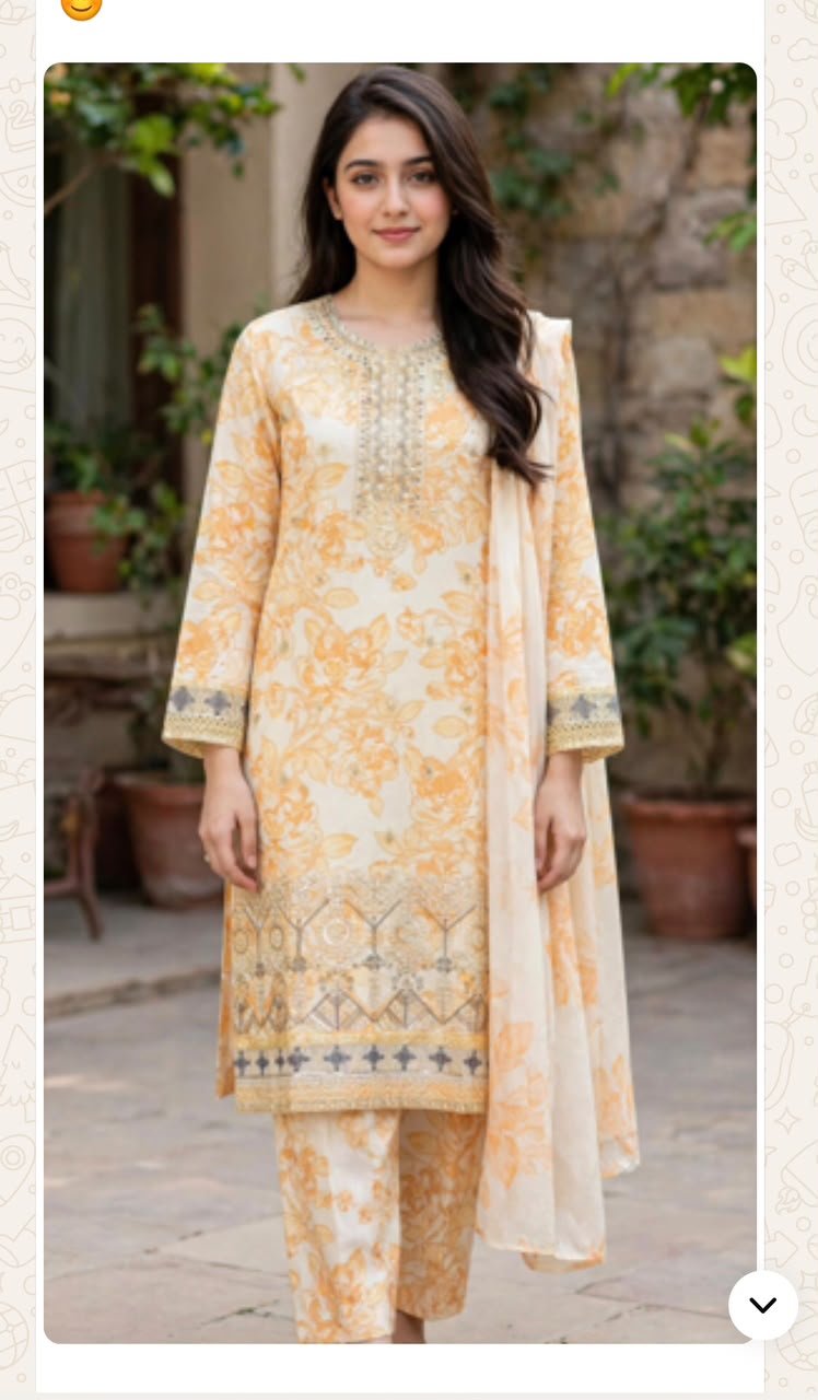 Cream & Golden Printed 3-Piece Suit